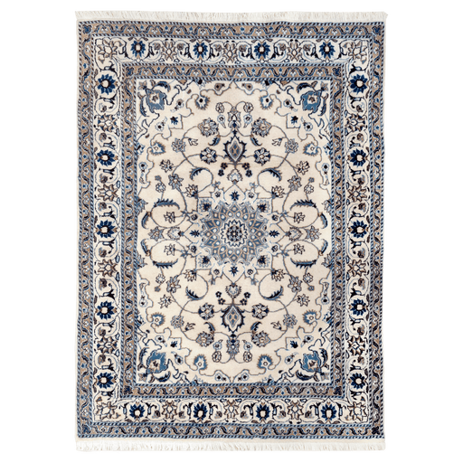 Cam Rugs: A cream base handmade Nain wool area rug, with accented blue details of floral motif designs. 
