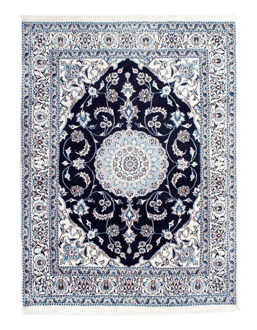 Cam Rugs: A cream and blue handmade Nain wool area rug, with a floral motif design. 