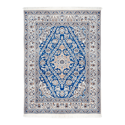 Cam Rugs: A cream and blue handmade Nain wool area rug, with a floral motif design. 