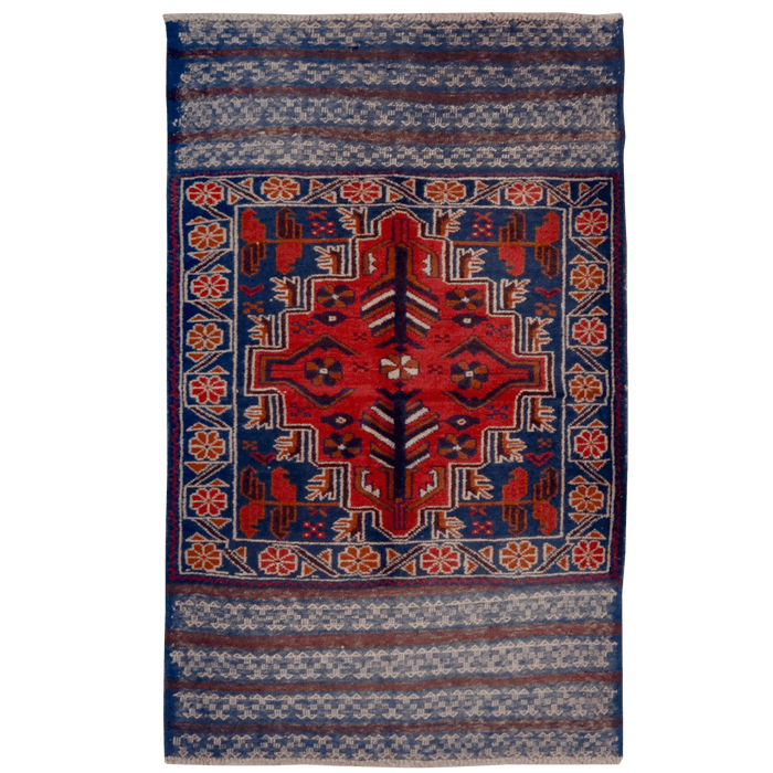 Authentic Baluch 2'7" x 4'5" Hand-Knotted Blue Wool Rug