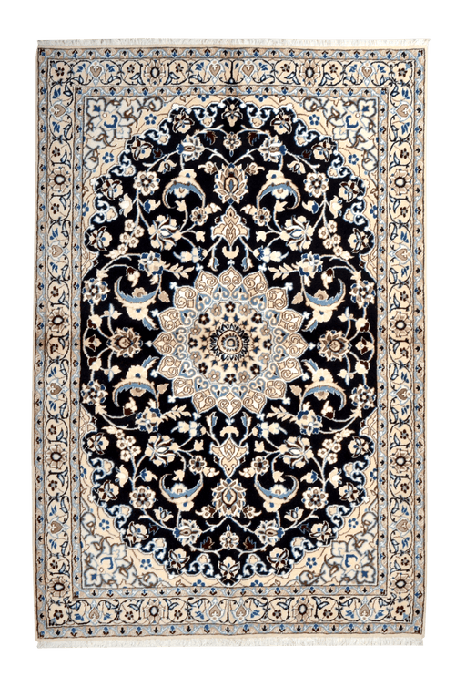 Cam Rugs: A cream base handmade Nain wool area rug, with accented black details of floral motif designs. 