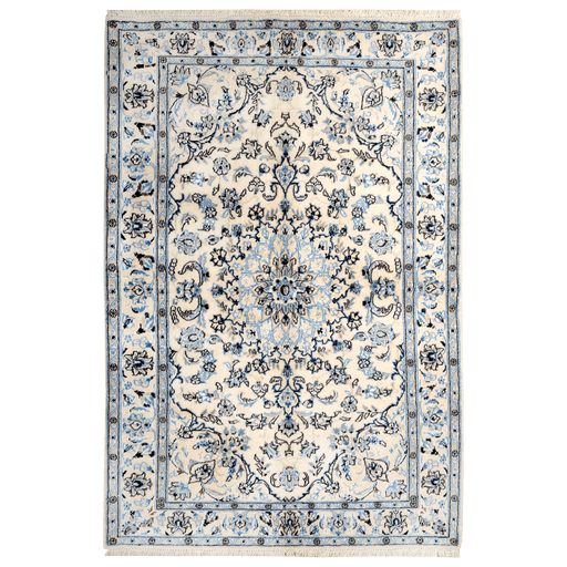 Cam Rugs: A cream base handmade Nain wool area rug, with details of floral motif designs.