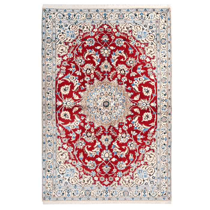Cam Rugs: A cream base handmade Nain wool area rug, with accented red details of floral motif designs. 