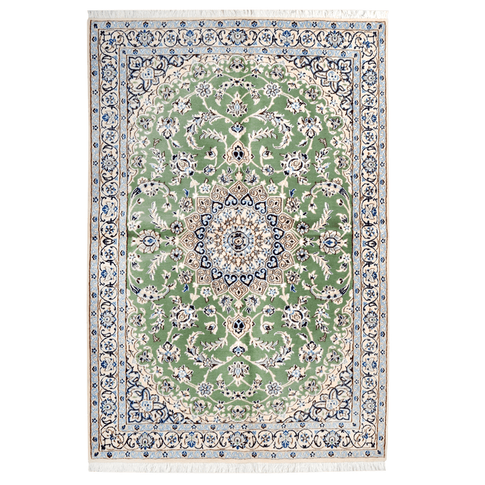 Cam Rugs: A cream base handmade Nain wool area rug, with accented green details of floral motif designs. 