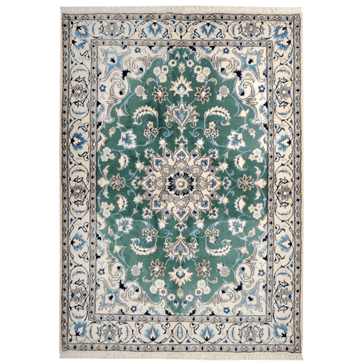 Cam Rugs: A cream base handmade Nain wool area rug, with accented green details of floral motif designs. 