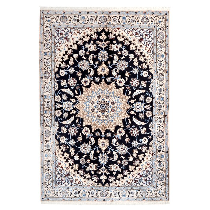 Cam Rugs: A cream base handmade Nain wool area rug, with accented blue details of floral motif designs. 