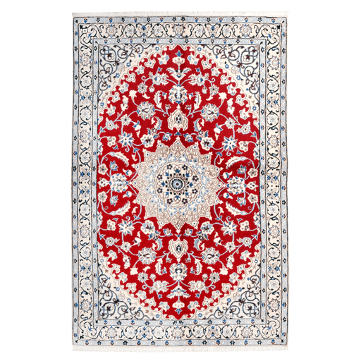 Cam Rugs: A cream base handmade Nain wool area rug, with accented red details of floral motif designs. 