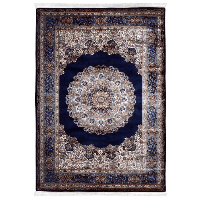 An Authentic Navy Modal Silk area rug with traditional floral motif designs.