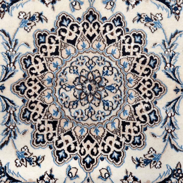Cam Rugs: The center of a cream Nain wool area rug, with a traditional floral motif design.