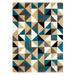 A multi-coloured area rug with geometric triangle designs.