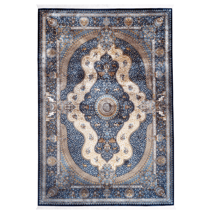An Authentic Grey Modal Silk area rug with traditional floral motif designs.
