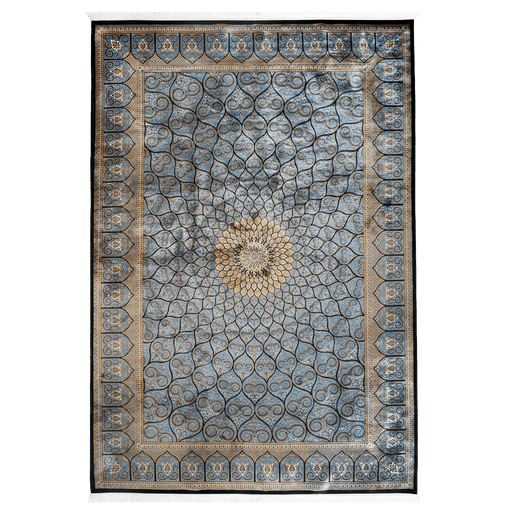 An Authentic Grey Modal Silk area rug with traditional floral motif designs.
