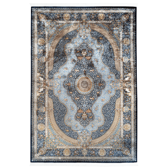 An Authentic Blue Modal Silk area rug with traditional floral motif designs.