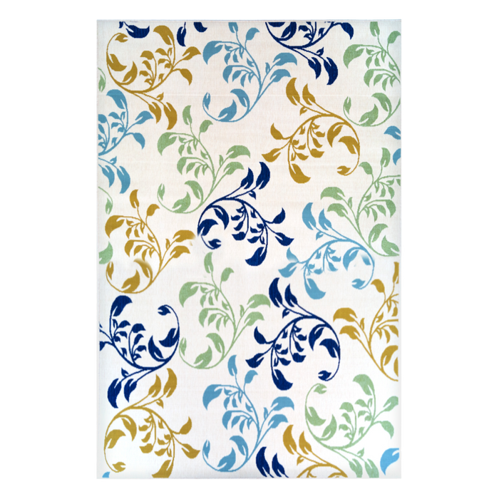 A cream area rug with blue, green, and yellow floral designs.