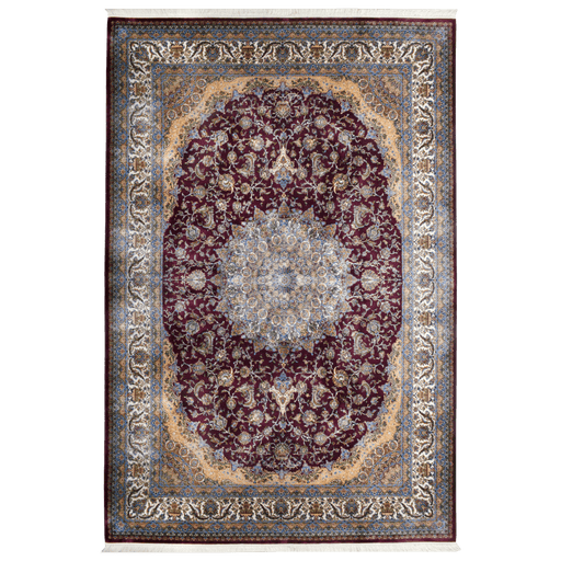 An Authentic Red Modal Silk area rug with traditional floral motif designs.