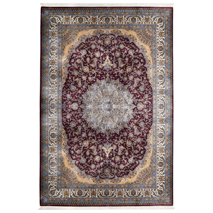 An Authentic Red Modal Silk area rug with traditional floral motif designs.