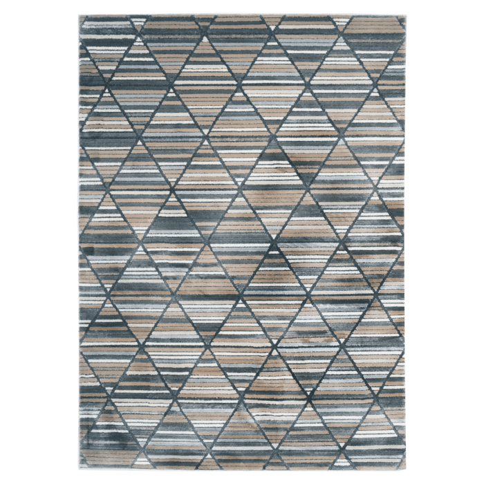 A blue, beige and cream area rug with triangle nd striped geometric designs.