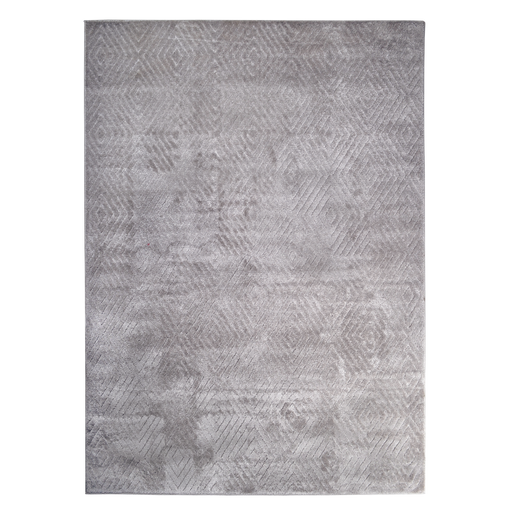A grey textured area rug with embossed geometric diamond designs.
