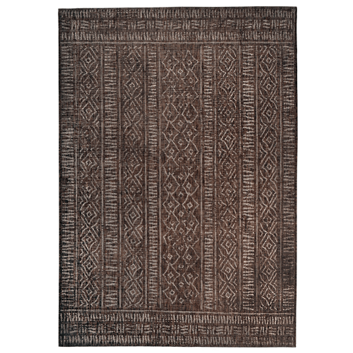 A brown flat weave outdoor rug with geometric designs.
