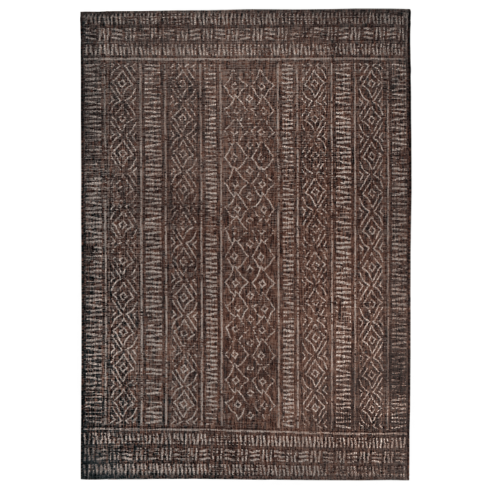 A brown flat weave outdoor rug with geometric designs.