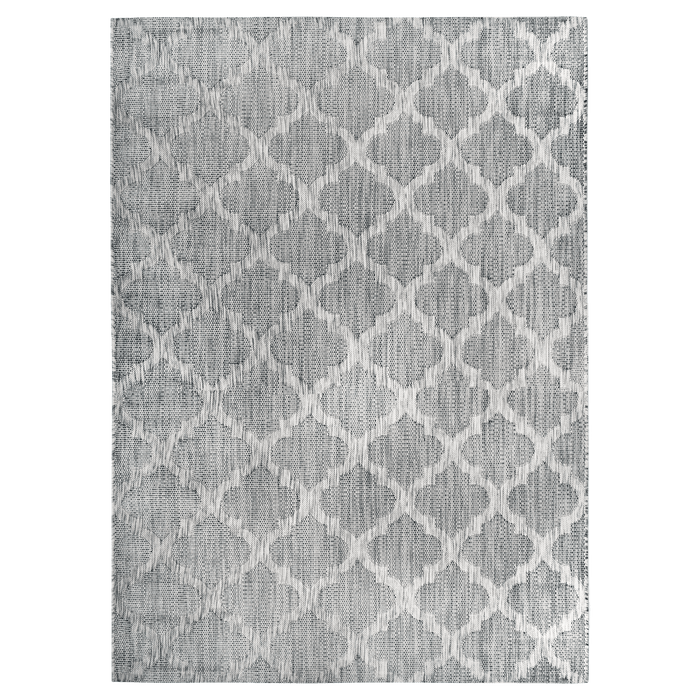 A grey flat weave outdoor rug with modern geometric designs.