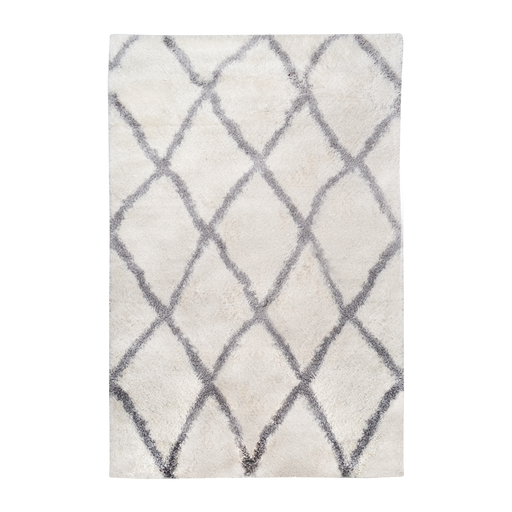 A cream shag area rug, with diamond geometric designs.