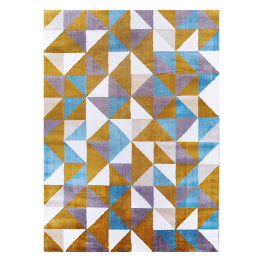 A multi-coloured area rug with geometric triangle designs.