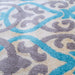 A close-up detail of a blue and purple floral motif designs.