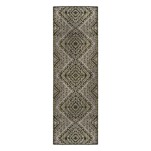 A green flat weave outdoor runner rug with geometric designs.
