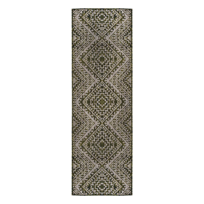 A green flat weave outdoor runner rug with geometric designs.