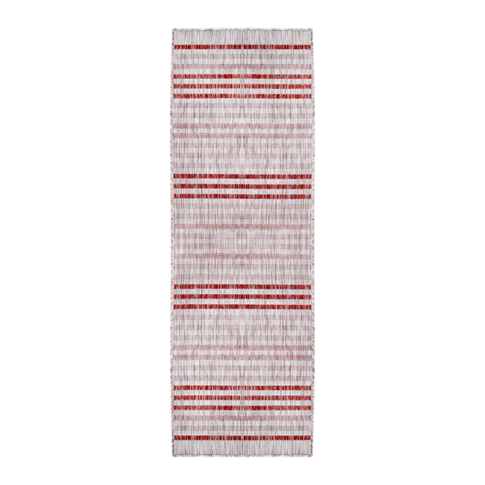 A red flat weave outdoor runner rug with striped designs.