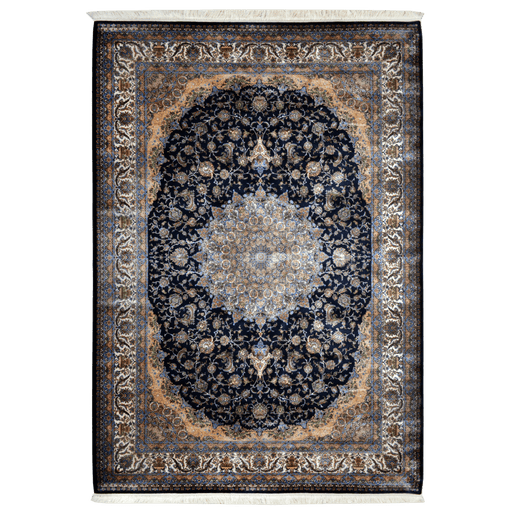 An Authentic Navy Modal Silk area rug with traditional floral motif designs.