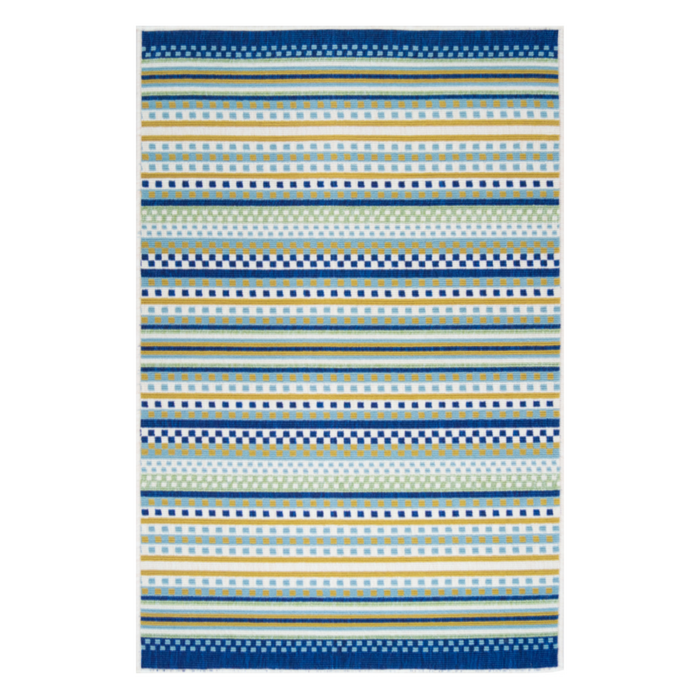 A cream area rug, with blue, green and yellow stripes.