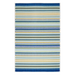 A cream area rug, with blue, green and yellow stripes.