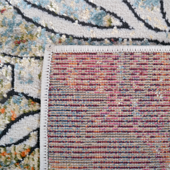 Back of a CamRugs.Ca multi-colour distressed floral area rug.