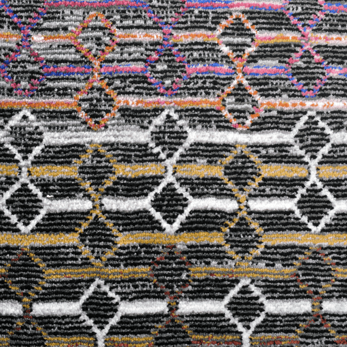 Detail of a CamRugs black and multi-colour geometric area rug.