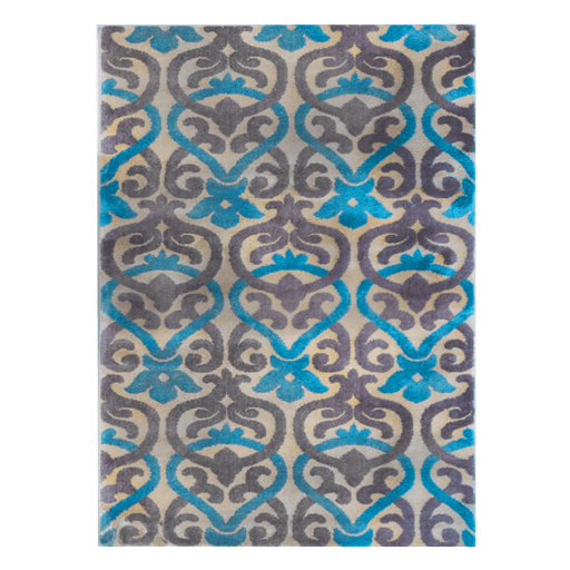 A blue and purple area rug with floral motif designs.