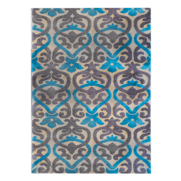 A blue and purple area rug with floral motif designs.