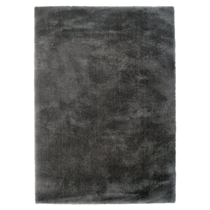 A solid grey shag area rug.