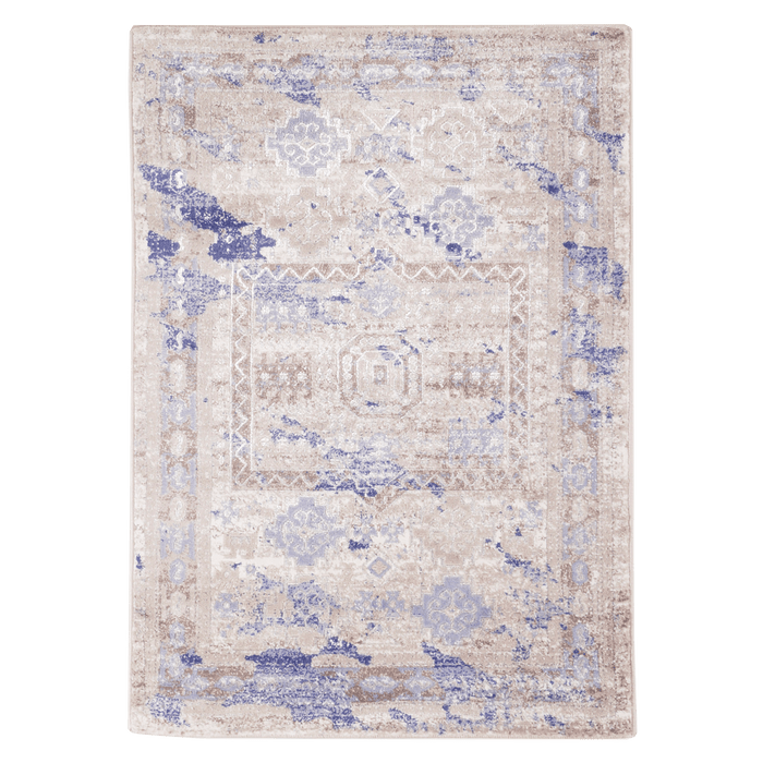 A pink and purple textured area rug with distressed traditional geometric floral motif designs.