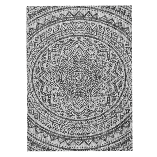 A black and grey flat weave outdoor rug with floral motif designs.