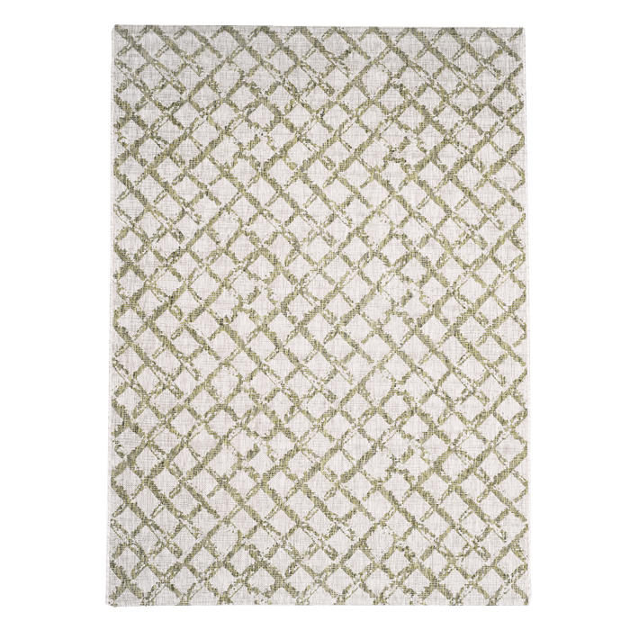 A green flat weave outdoor rug with geometric diamond designs.