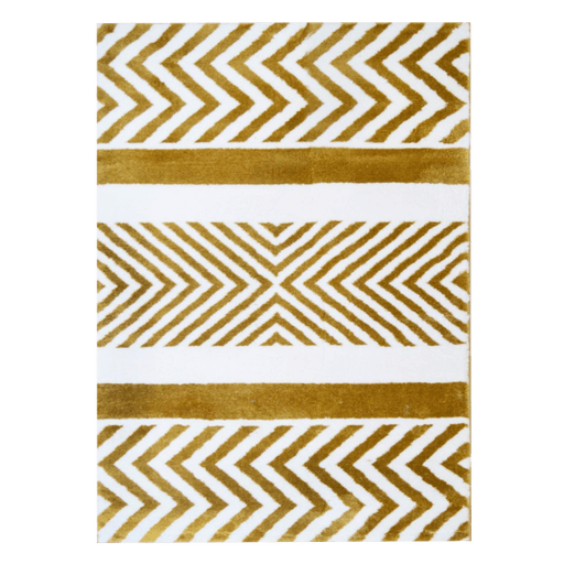 A yellow and white area rug with geometric designs.