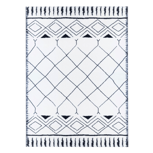 A black and white area rug with geometric designs.
