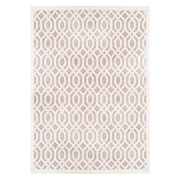 A beige area rug with geometric designs.