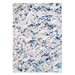 A grey and blue area rug with distressed abstract designs.