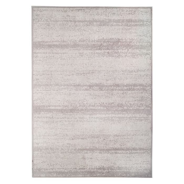 A grey textured area rug with embossed striped designs.