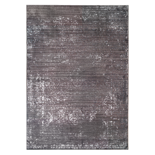 A grey area rug, with distressed traditional floral motifs.