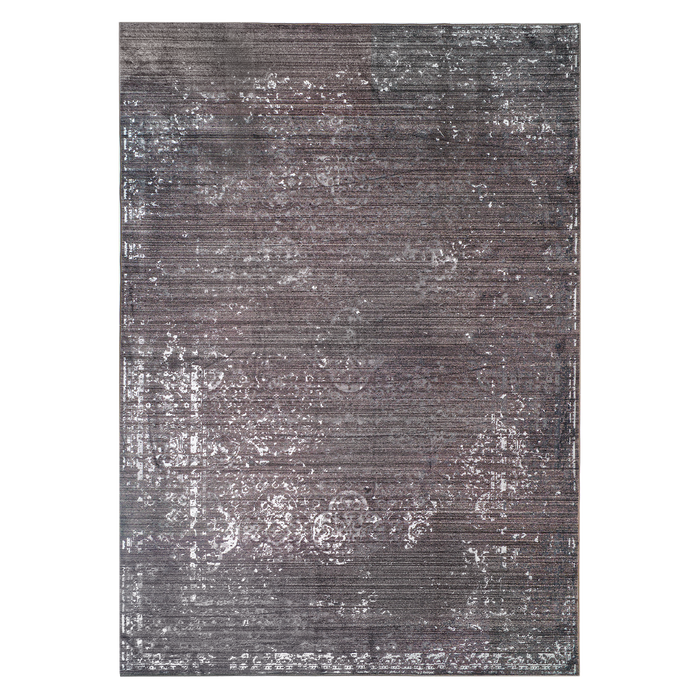 A grey area rug, with distressed traditional floral motifs.