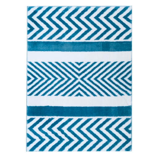 A blue and white are rug with geometric designs.